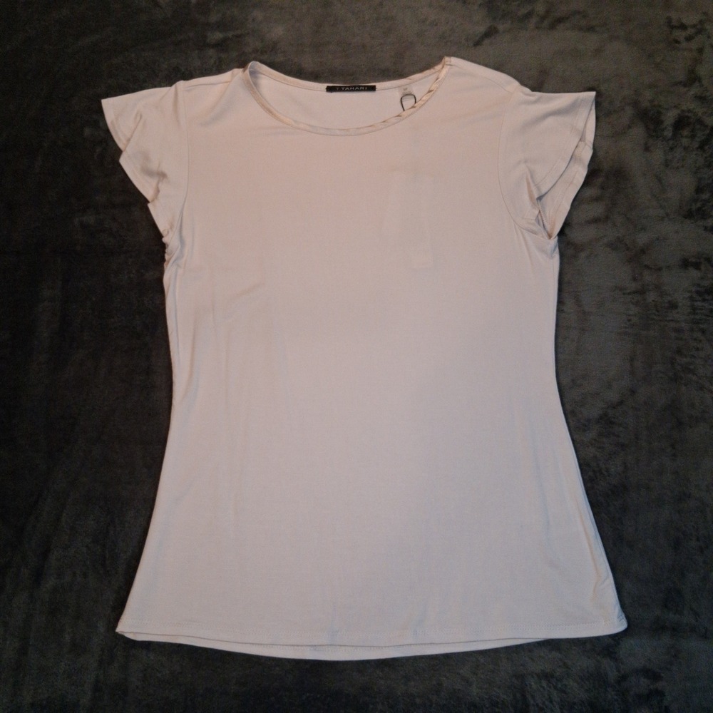 NWT T Tahari Flutter Sleeve Top Women Small Sand Beige‎ Satin Trim TH41102NR - Picture 2 of 8